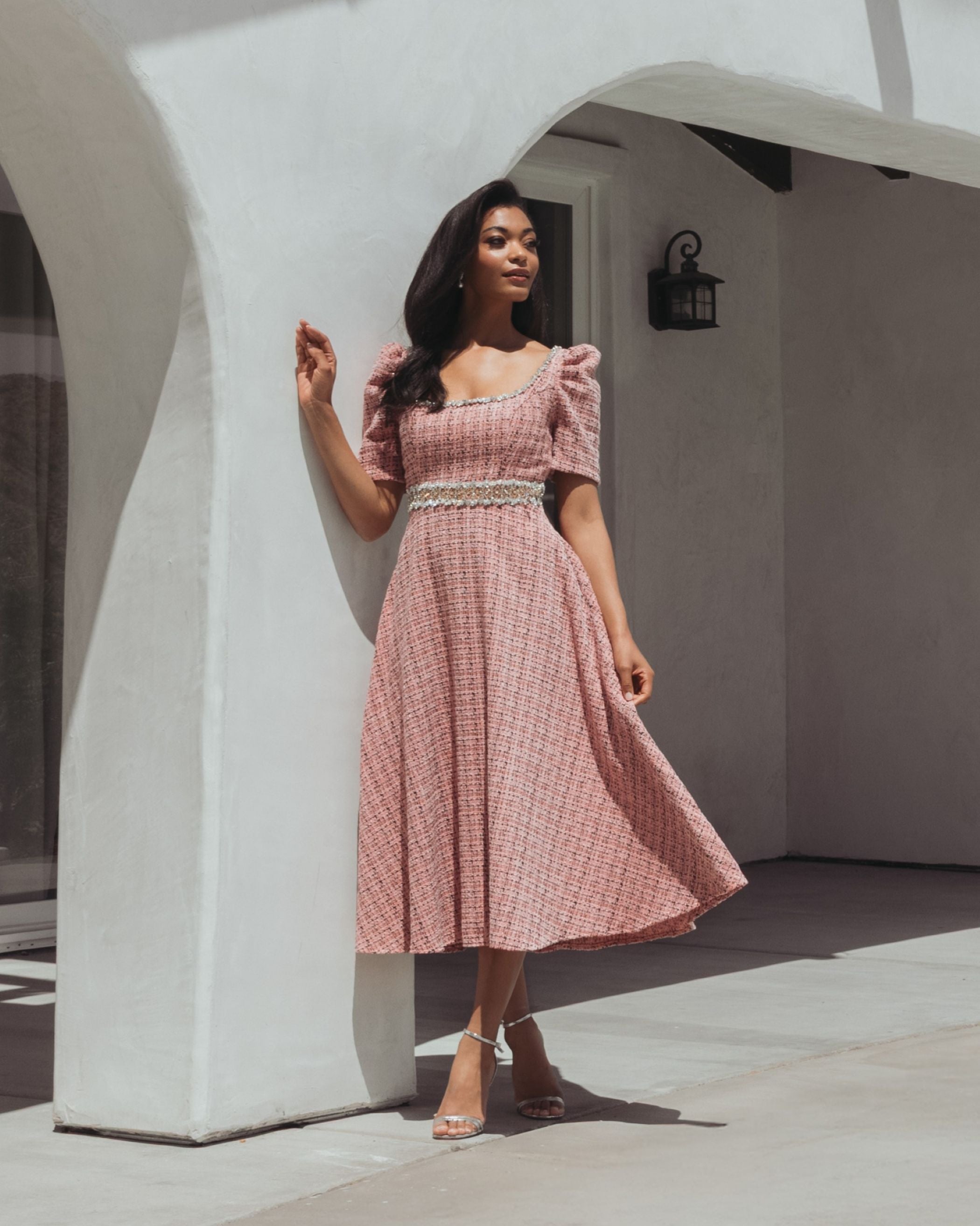Pink Puff Sleeve Boucle Midi Dress With Beaded Belt