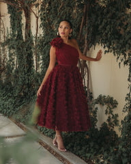 Red One Shoulder Rosette A Line Midi Dress with 3D Flower