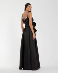 Black Satin Gown With Pearl Neckline and Bow Detail
