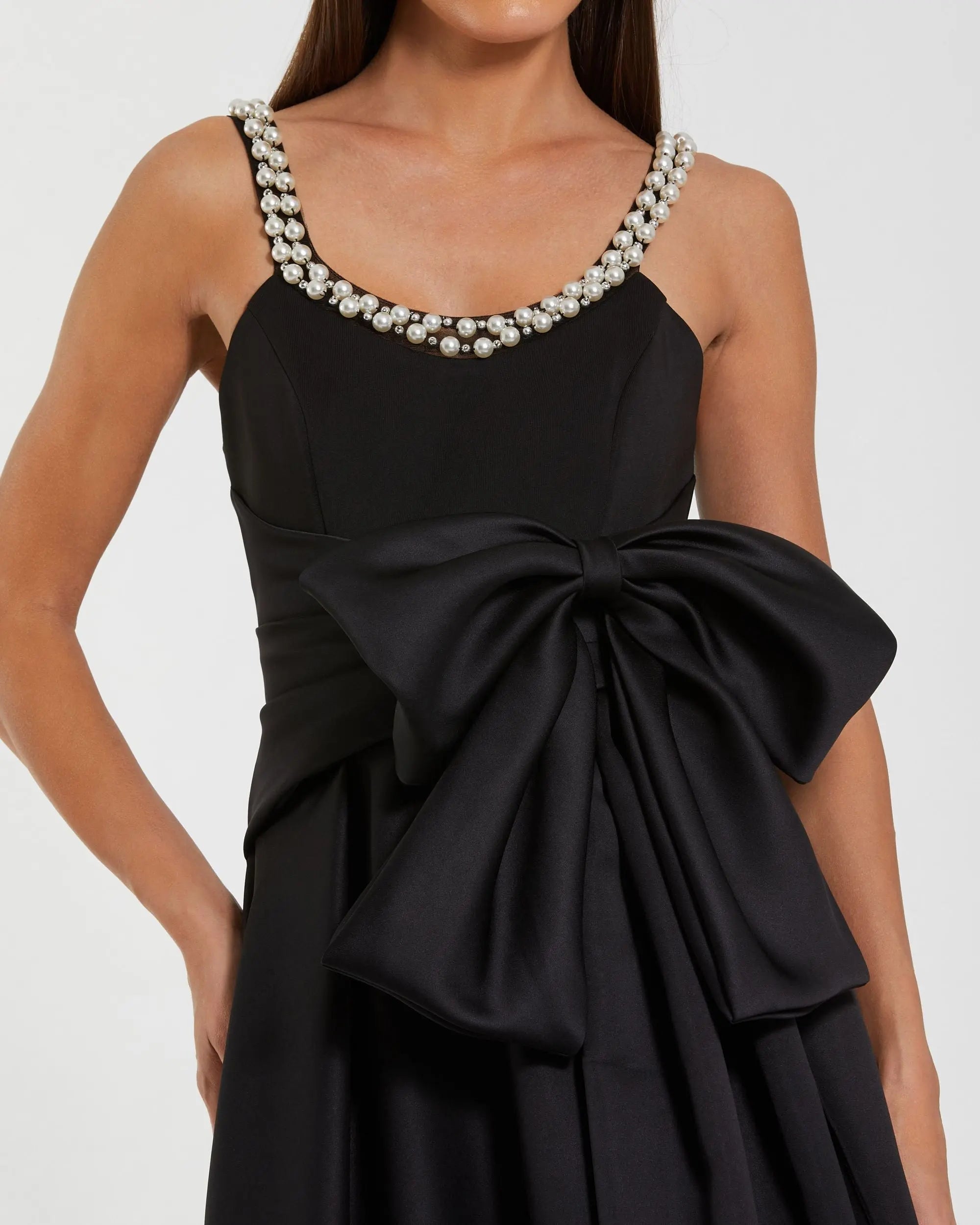Black Satin Gown With Pearl Neckline and Bow Detail