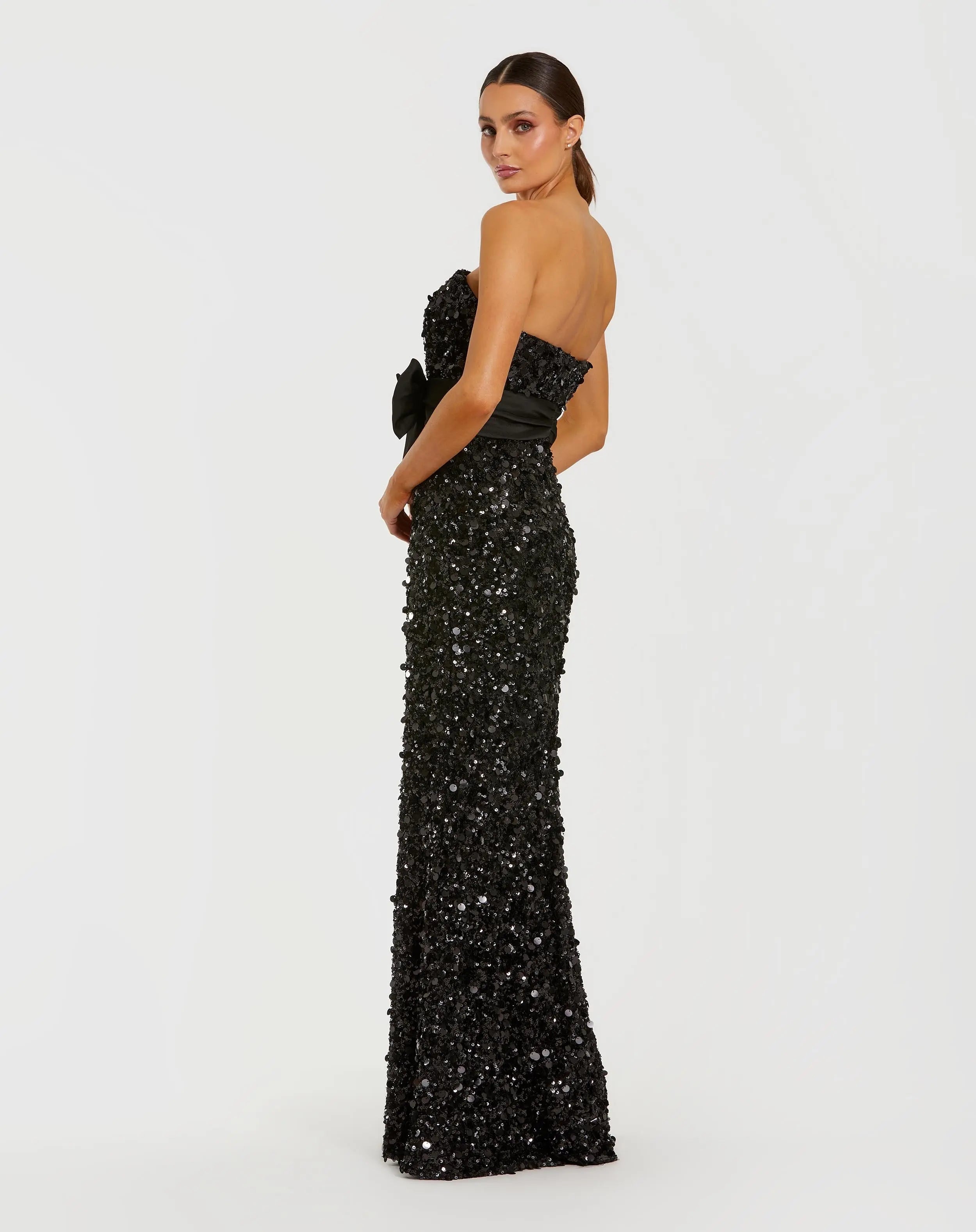 Black Strapless Sequin Evening Gown With Bow