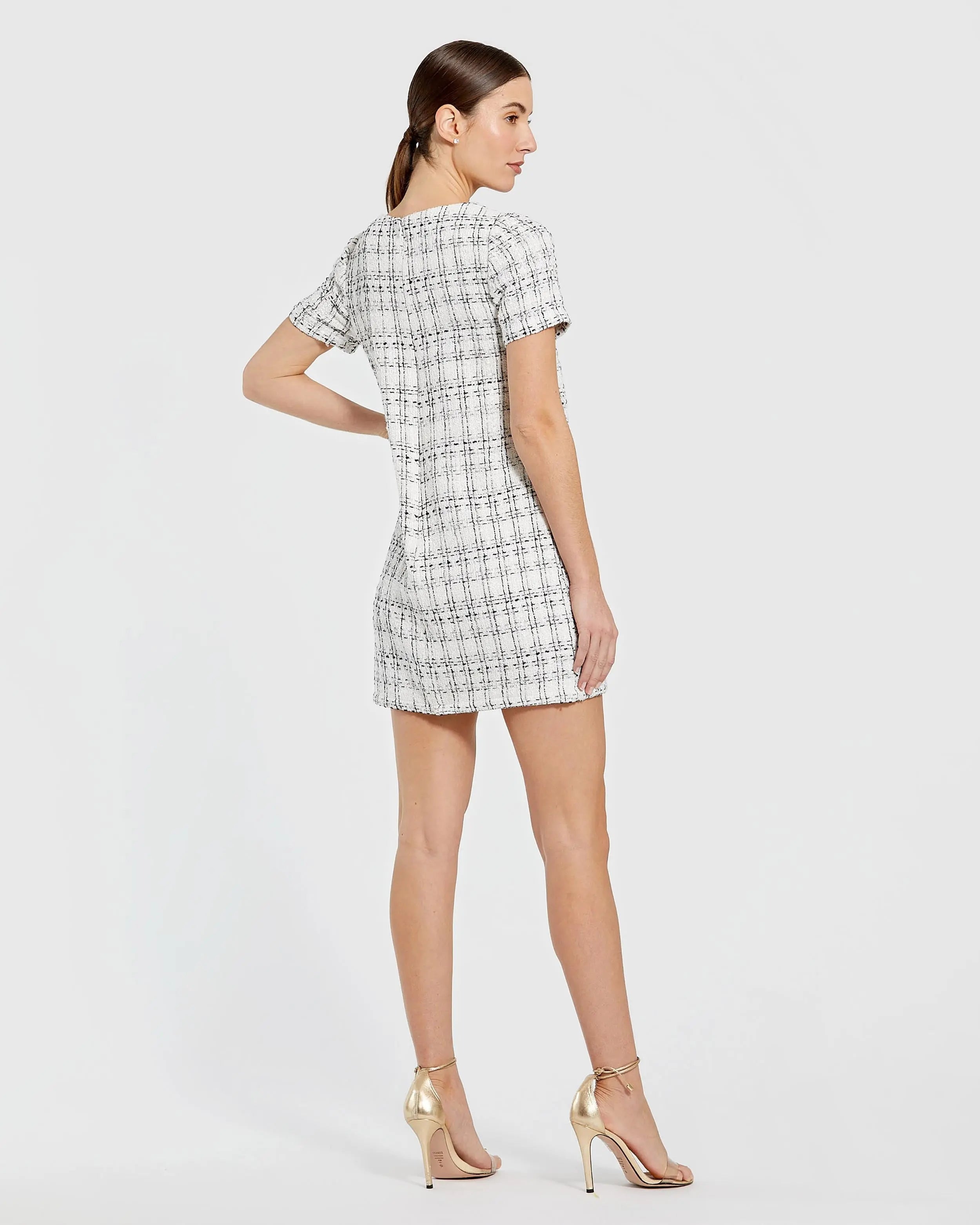 White Short Sleeve High Neck Boucle Mini Dress With Bow