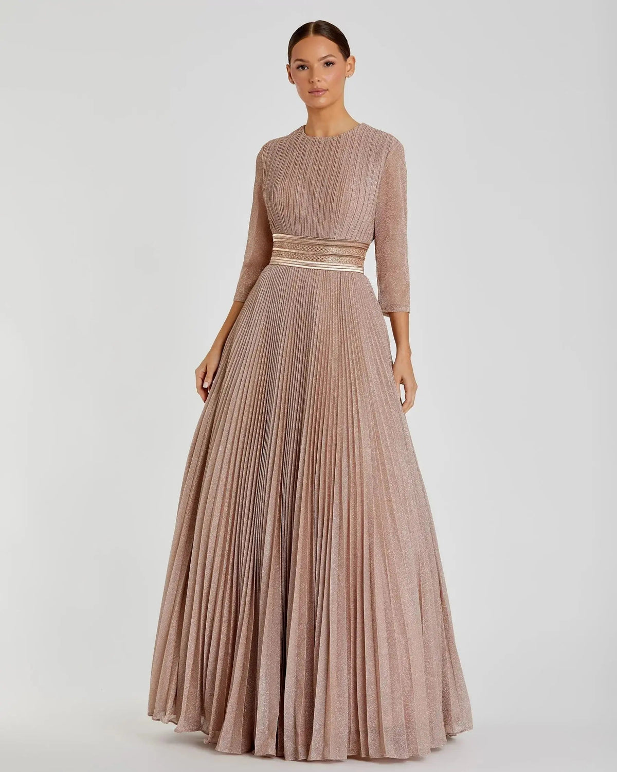 Pink Shimmering Pleated A-Line 3/4 Sleeve Gown