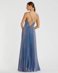 Blue Shimmer Pleated V-Neck Gown - FINAL SALE