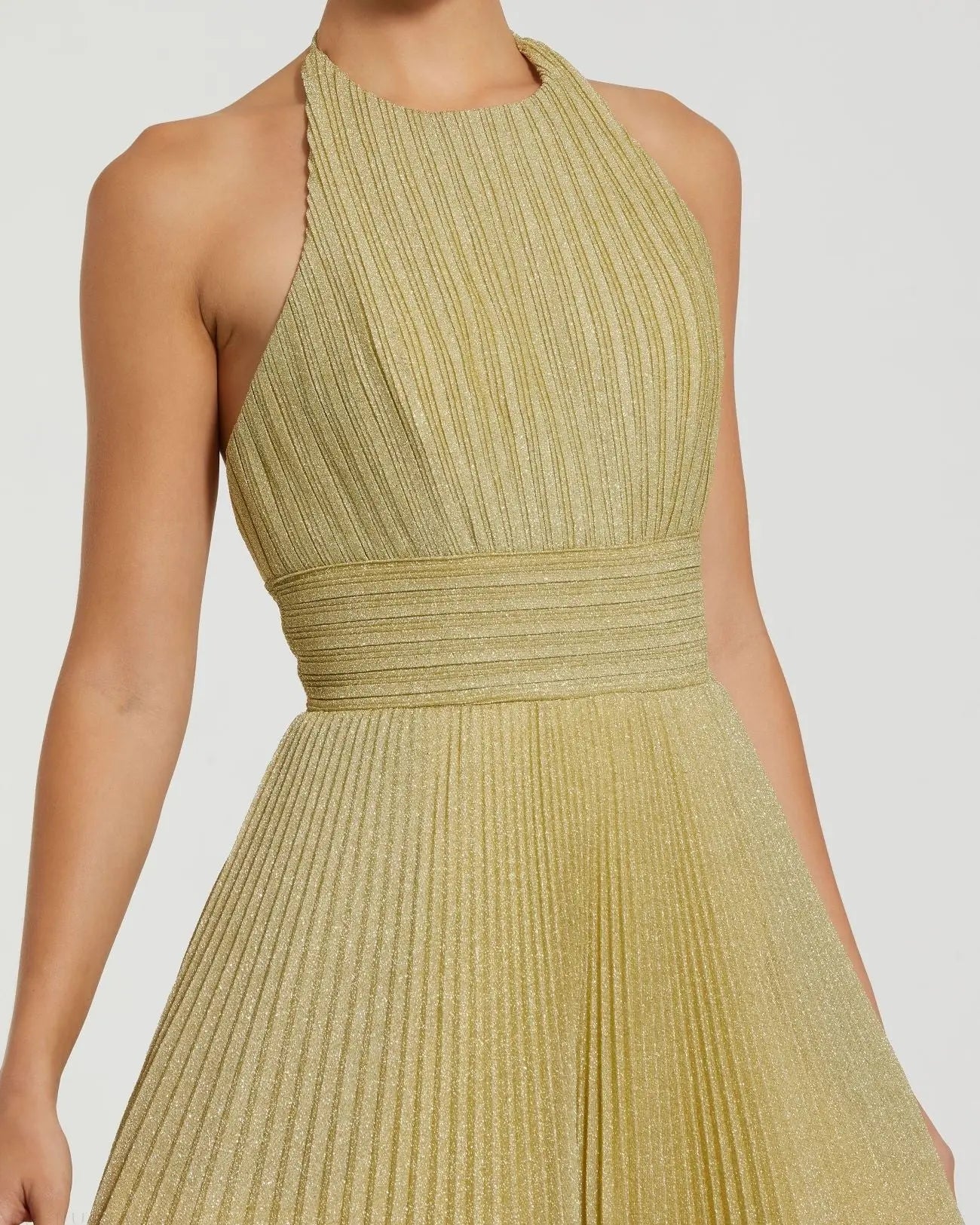 Gold Shimmering Pleated High Neck Ballgown