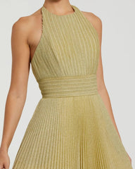 Gold Shimmering Pleated High Neck Ballgown