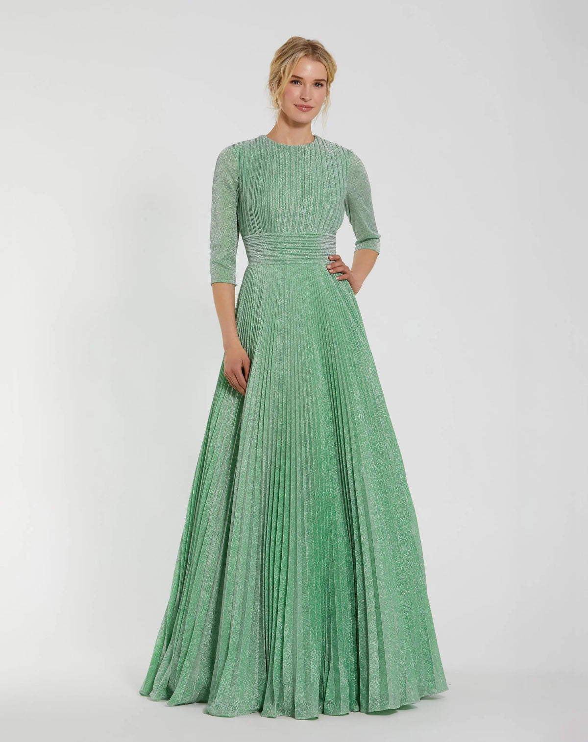 Green Pleated Shimmering 3/4 Sleeve Gown