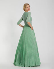 Green Pleated Shimmering 3/4 Sleeve Gown