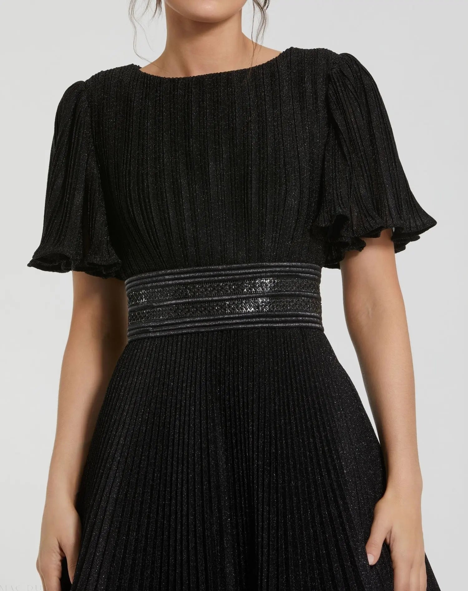 Black Pleated Shimmering Flutter Sleeve Gown