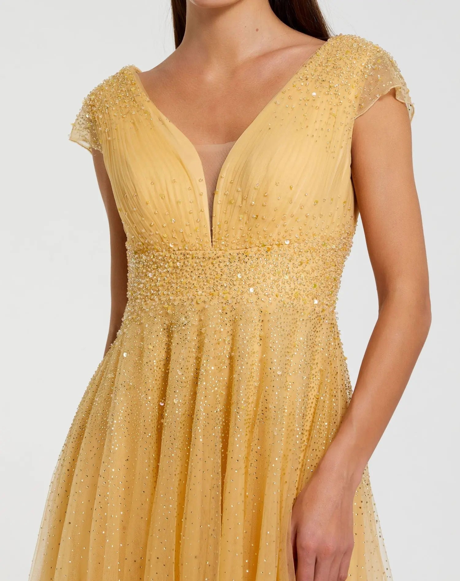 Yellow Embellished Cap Sleeve V Neck Tulle Gown