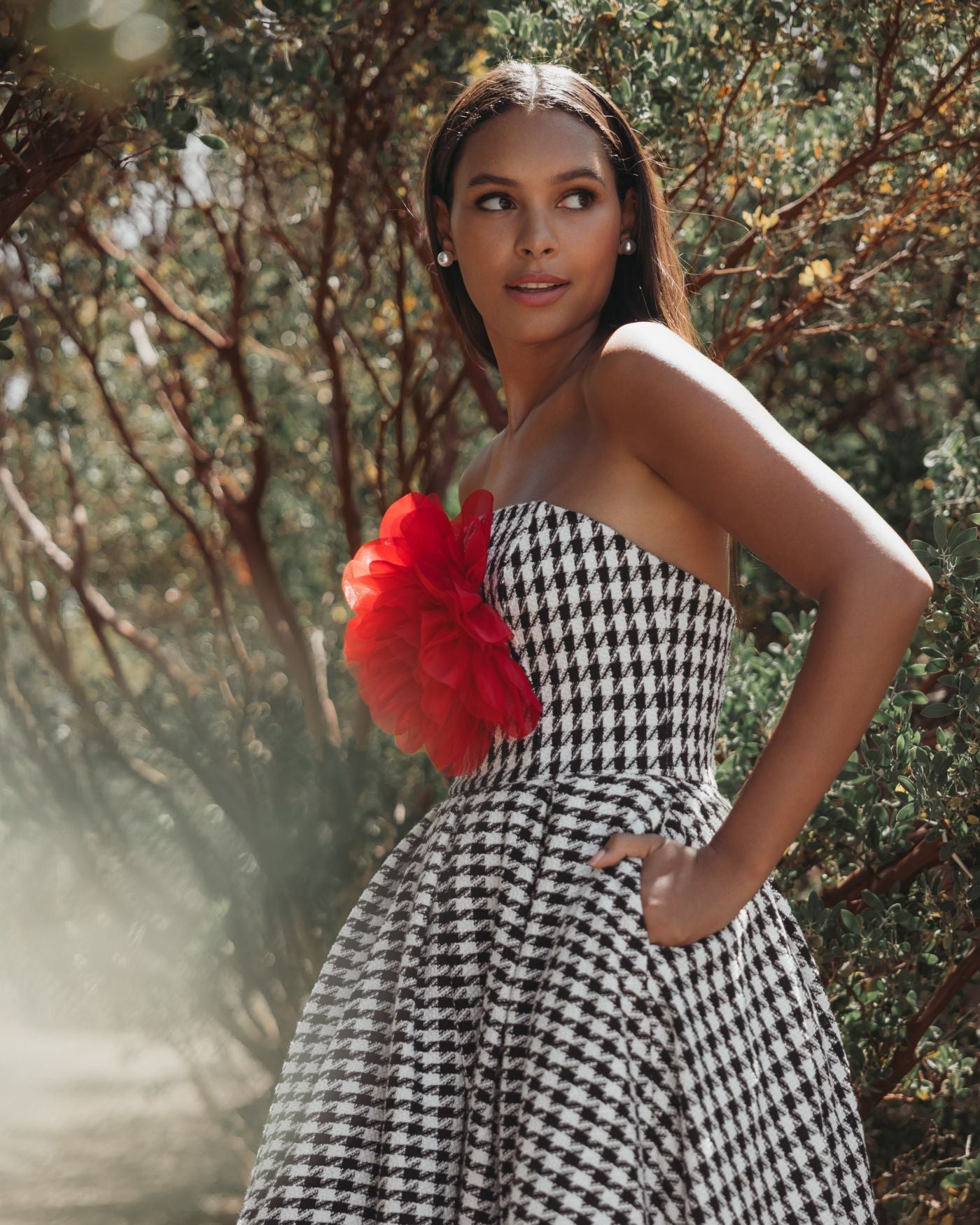 Black and White Strapless Boucle A Line Midi Dress With 3D Flower