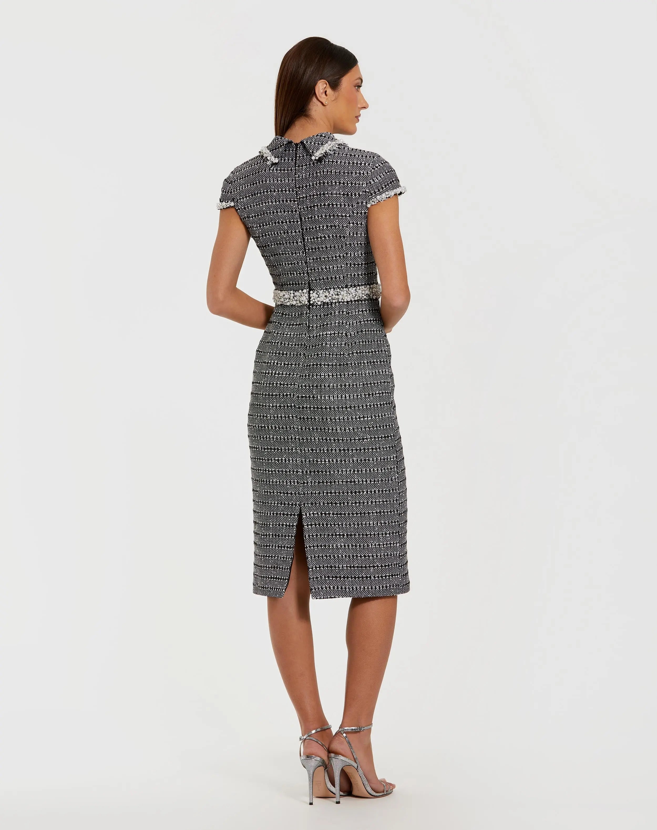 Black Embellished Cap Sleeve Boucle Midi Dress