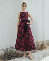 Black Brocade Drop Waist Midi Dress With Satin Bow