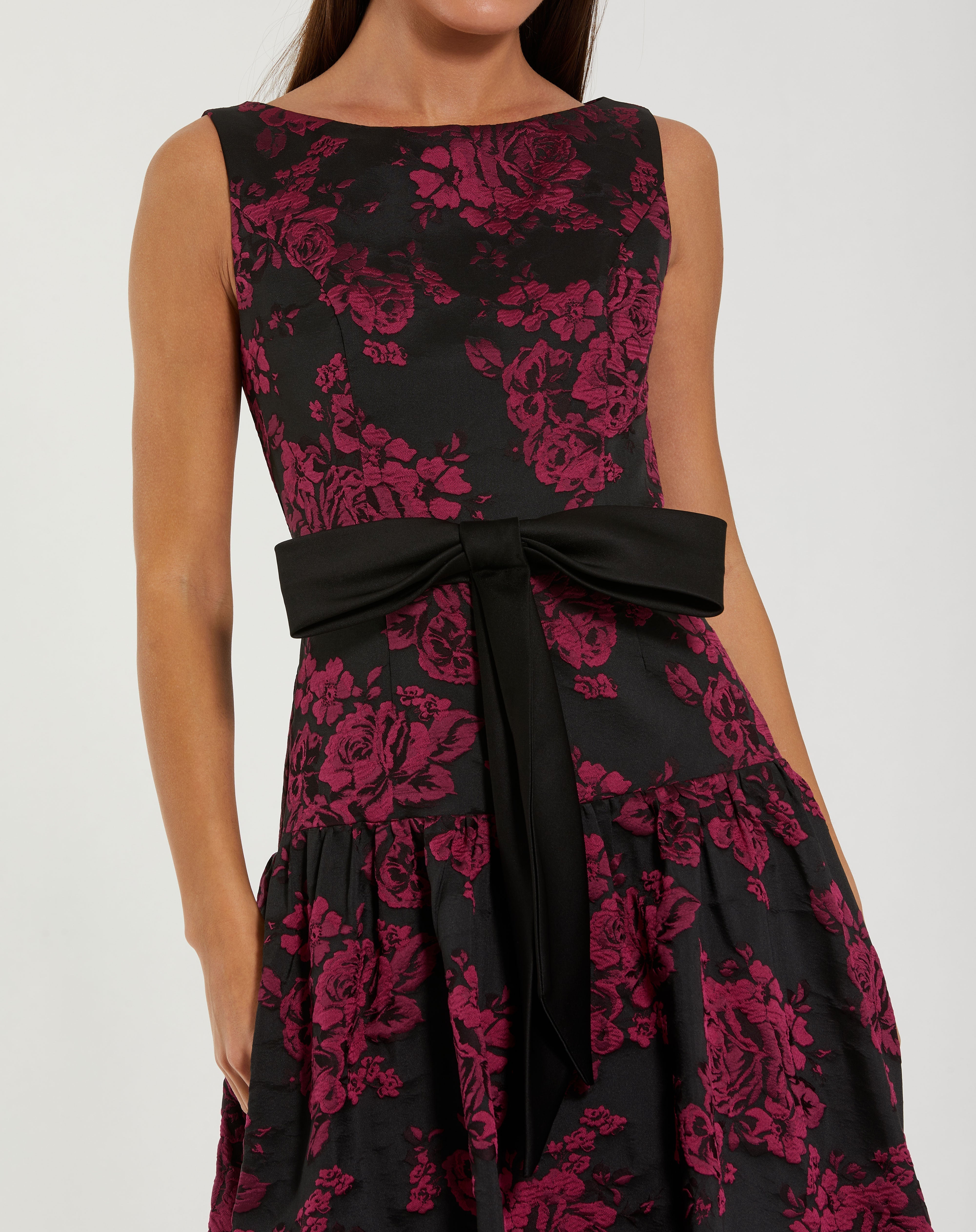 Black Brocade Drop Waist Midi Dress With Satin Bow