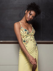 Yellow Multi Color Beaded Floral Cami Gown