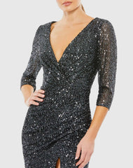 Gray Sequined Draped 3/4 Sleeve Gown