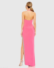 Pink Jersey Halter Neck Beaded Slit Detail Gown