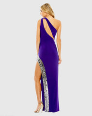 Purple One Shoulder Cut Out Mirror Sequin High Slit Gown