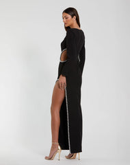 Black Crepe Long Sleeve Gown With Beaded Cut Outs
