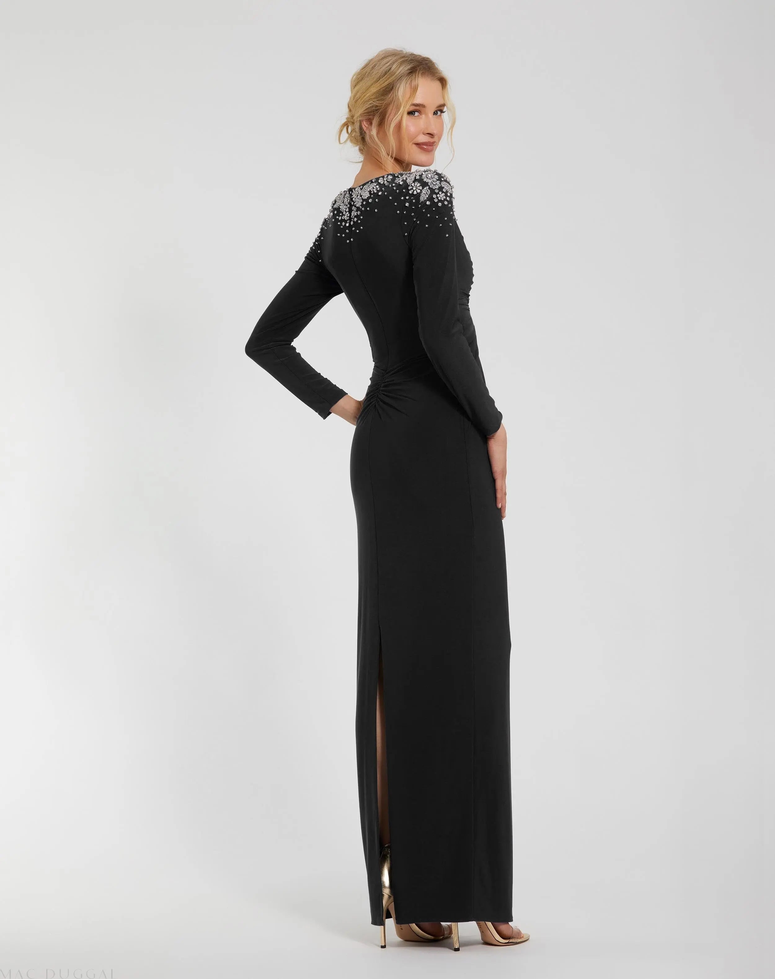 Black Jersey V Neck Faux Knot Gown With Beaded Shoulders