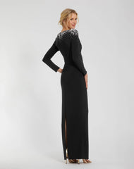 Black Jersey V Neck Faux Knot Gown With Beaded Shoulders