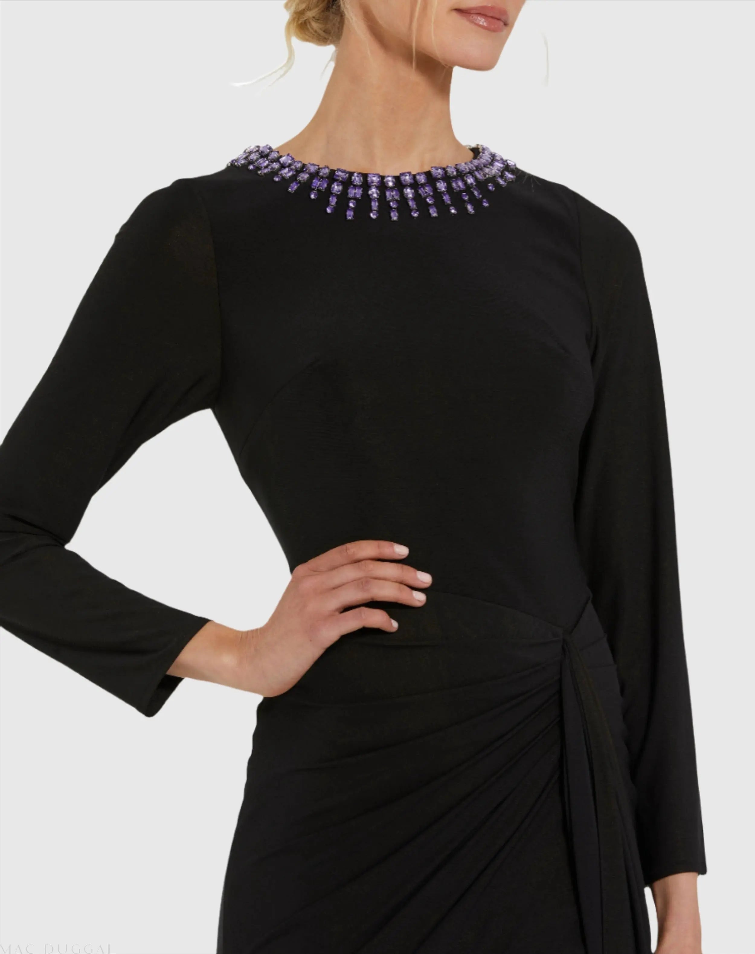 Black Long Sleeve Jersey Ruched Gown With Beaded Neck