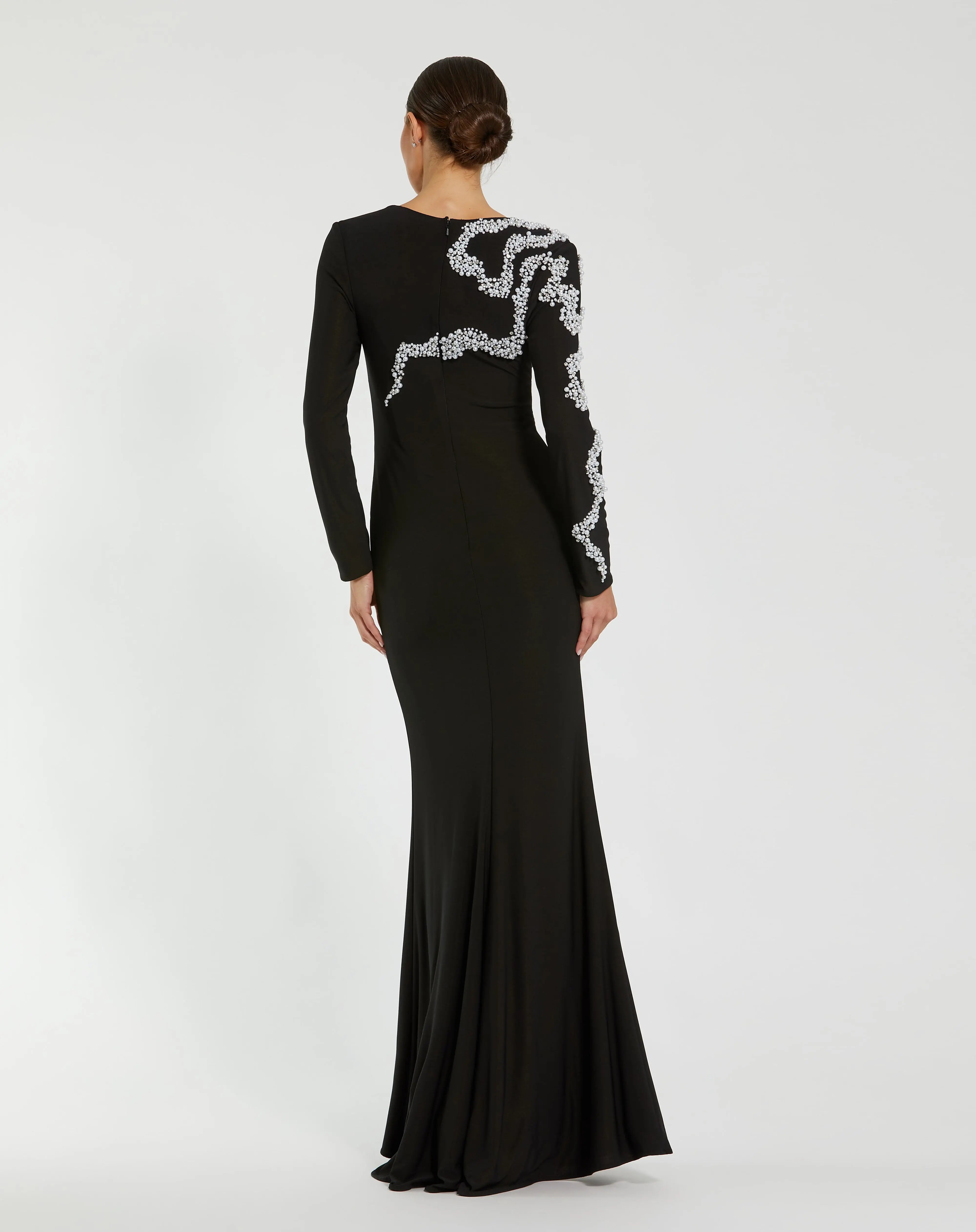 Black Jersey Evening Gown with Beaded Swirl Detail