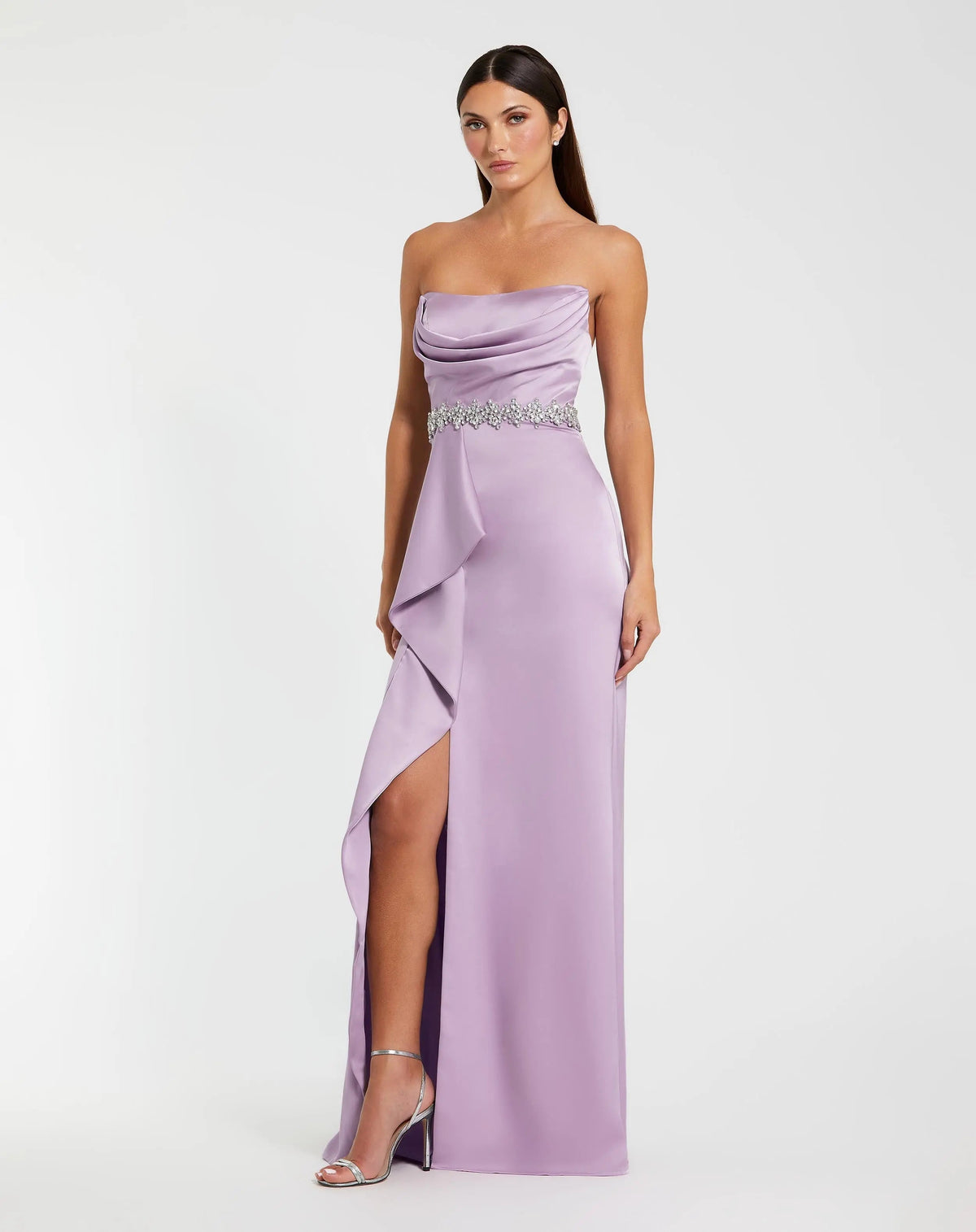 Purple Strapless Satin Gown With Embellished Belt Detail