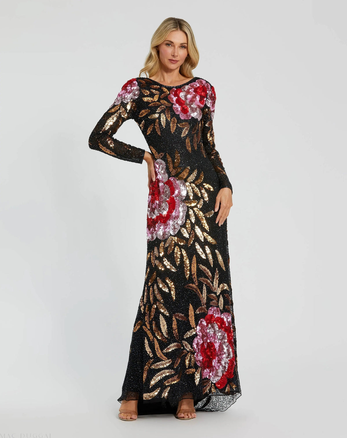 Black Embellished Floral Long Sleeve Gown