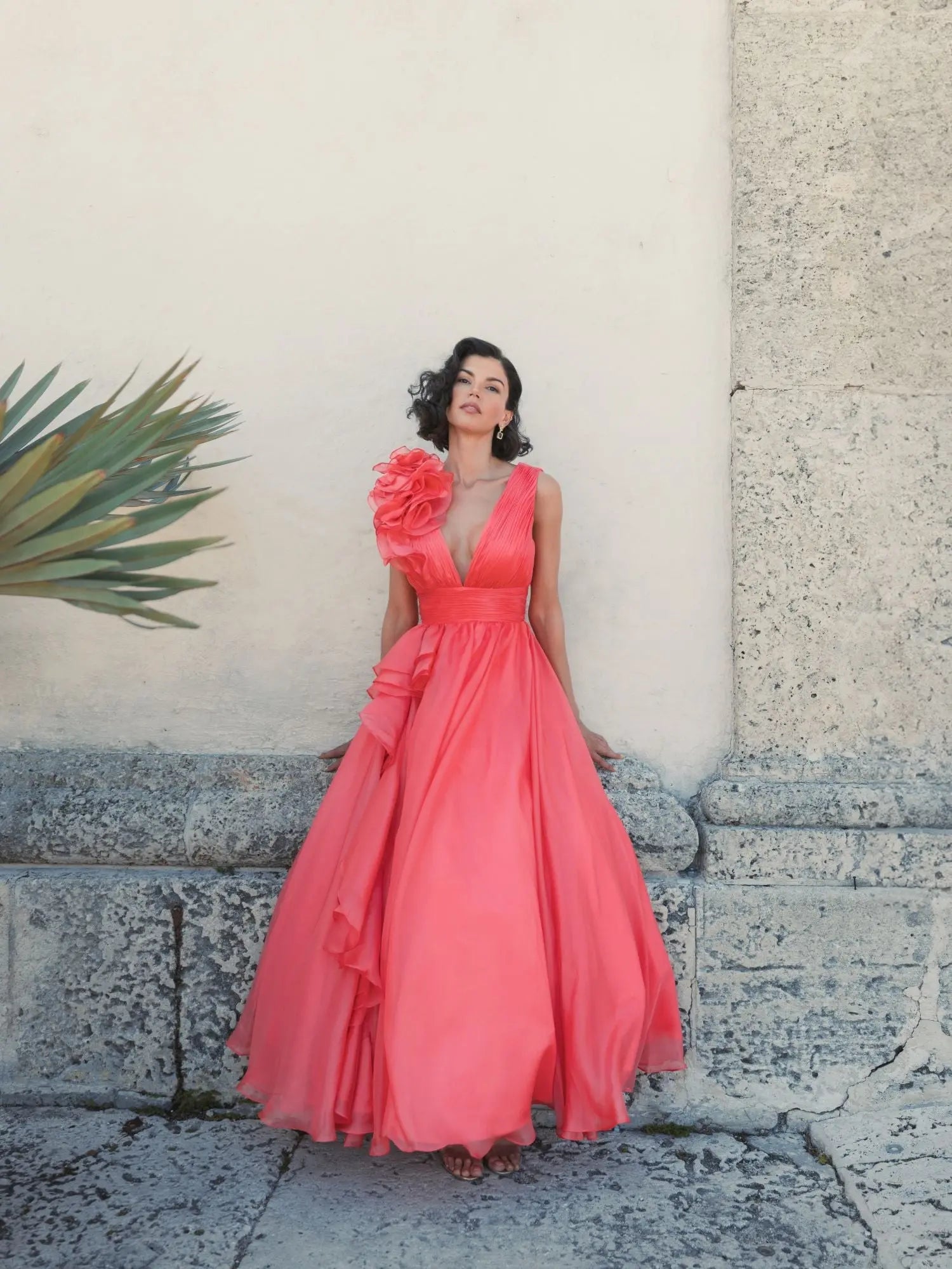 Coral Ruffle Shoulder V-Neck Chiffon Gown