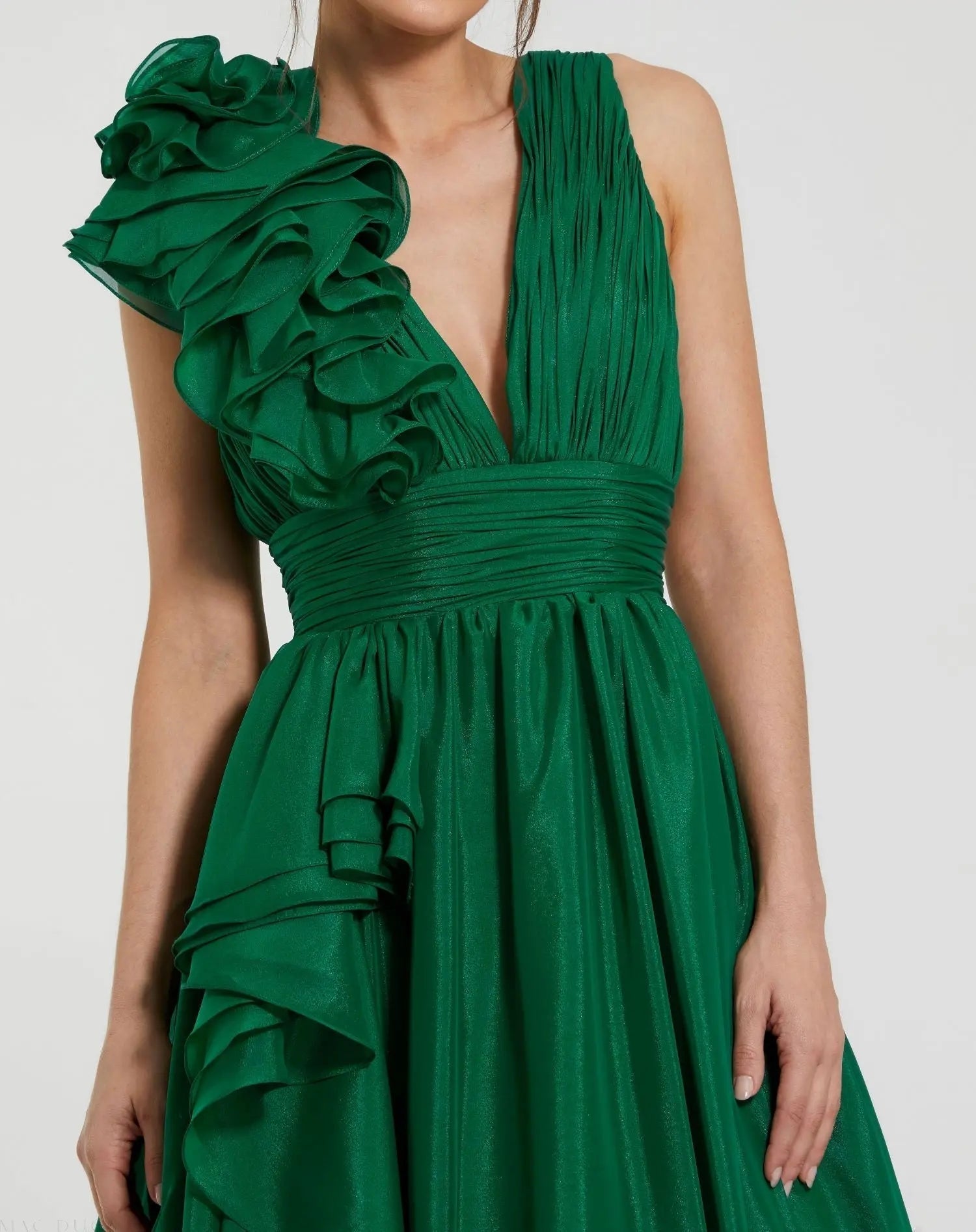 Emerald Green Ruffle Shoulder V-Neck Chiffon Gown