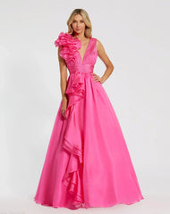 Pink Ruffle Shoulder V-Neck Chiffon Gown