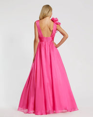 Pink Ruffle Shoulder V-Neck Chiffon Gown