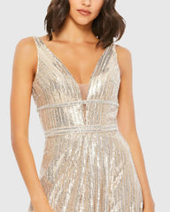 Silver Metallic Plunge Neck Sequined Gown