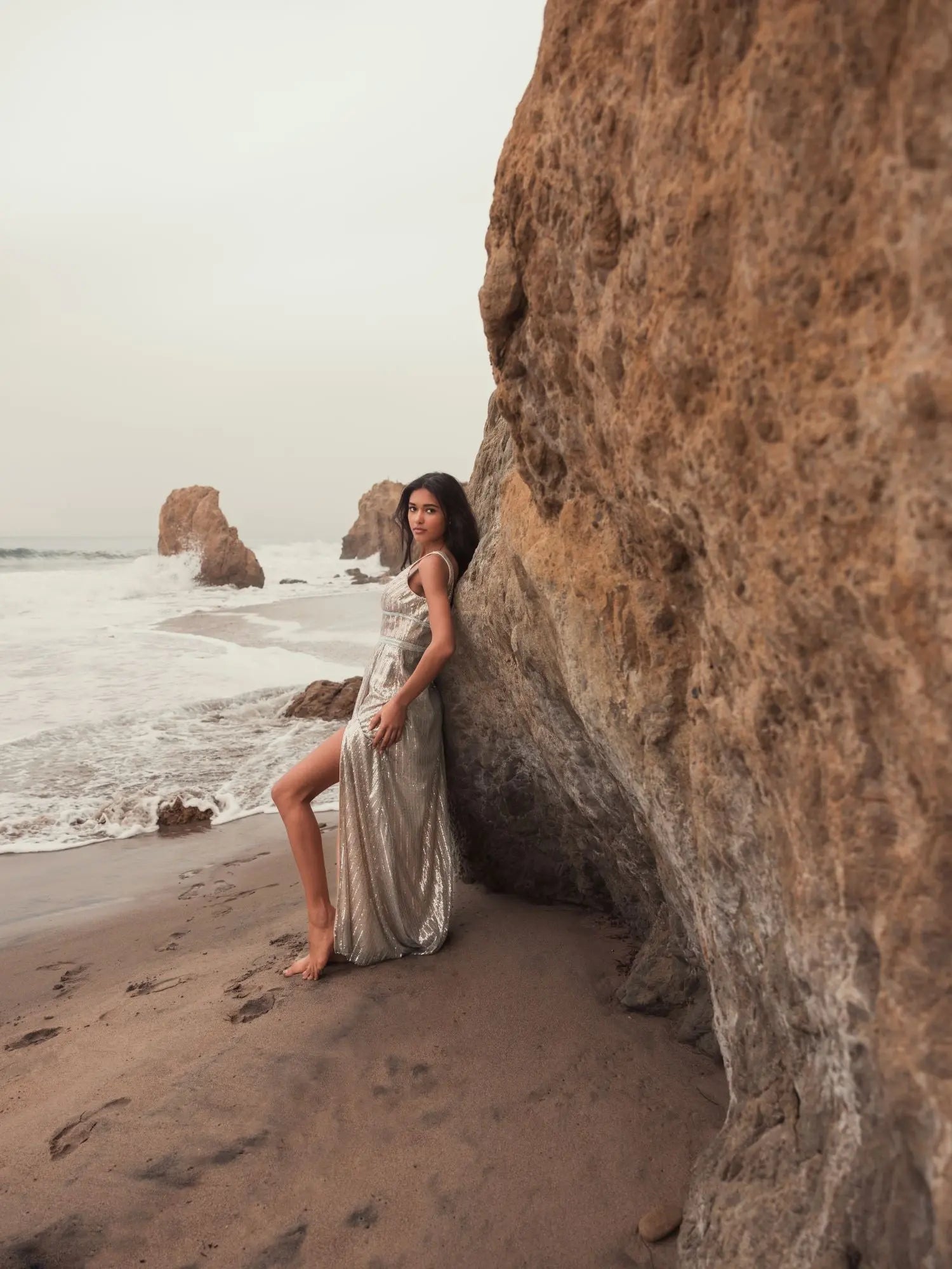 Silver Metallic Plunge Neck Sequined Gown