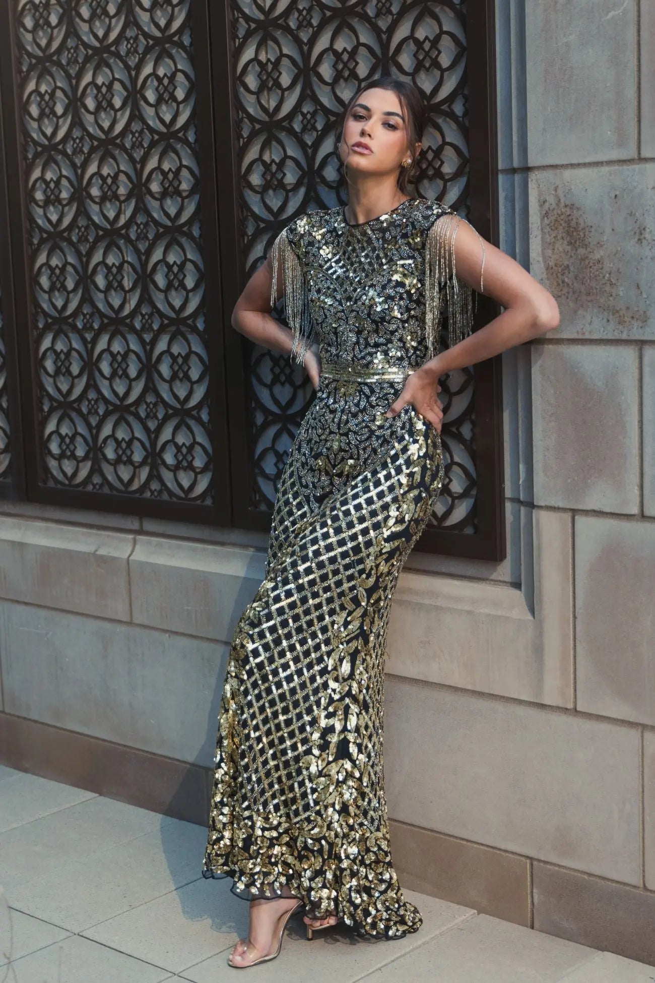 Black High Neck Sleeveless Beaded Fringe Fitted Gown