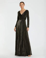 Black Long Sleeve Faux Wrap A Line Gown