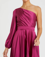 Purple Long Sleeve One Shoulder Satin High Low A-line Gown - FINAL SALE