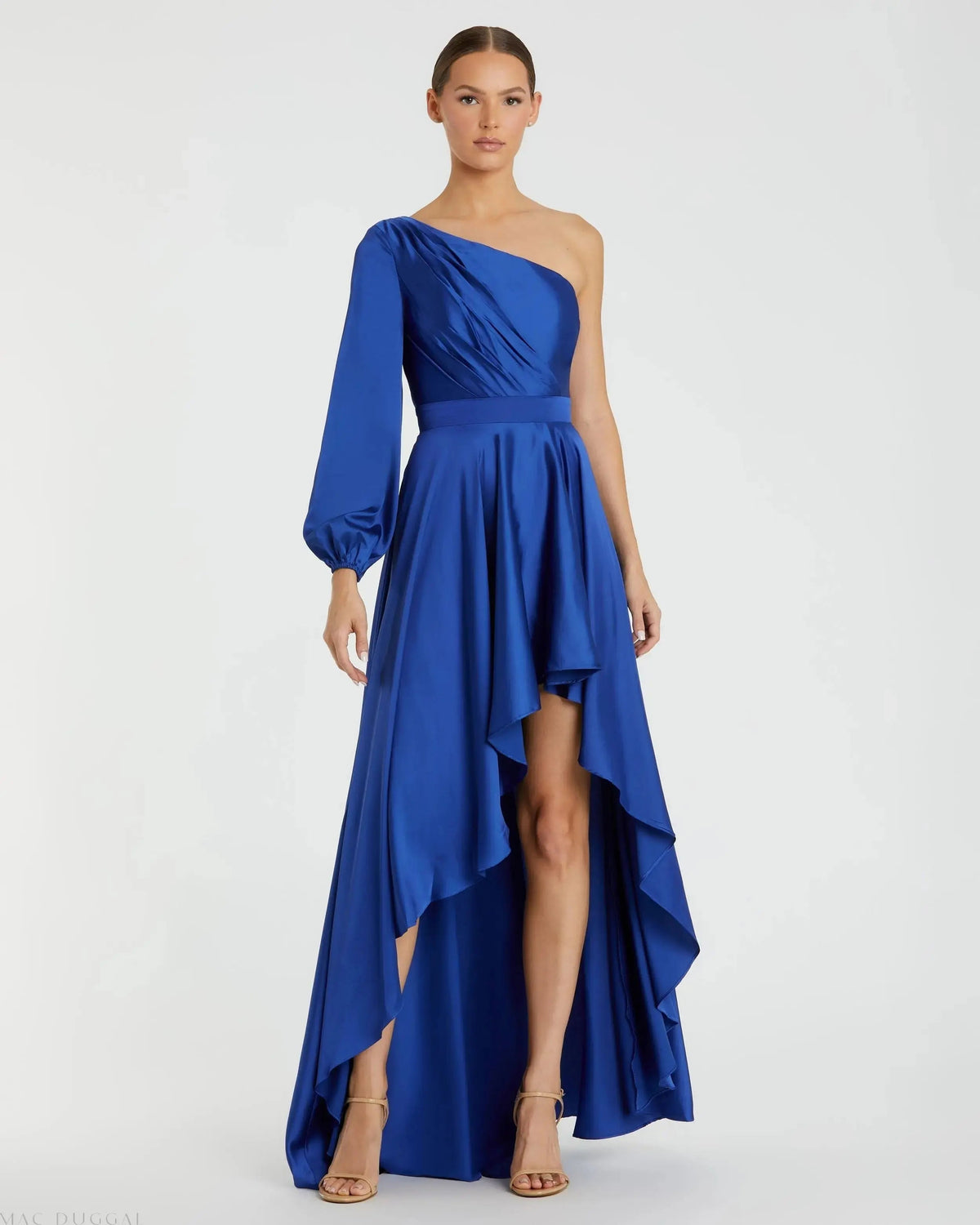 Dark Blue Long Sleeve One Shoulder Satin High Low A-line Gown