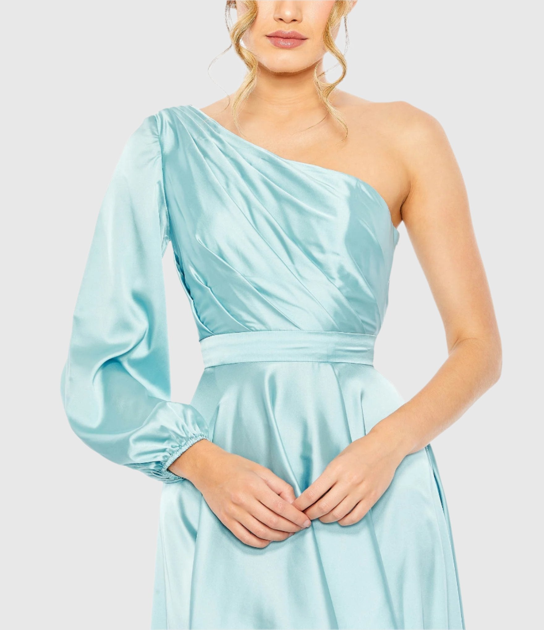 Blue Long Sleeve One Shoulder Satin High Low A-line Gown
