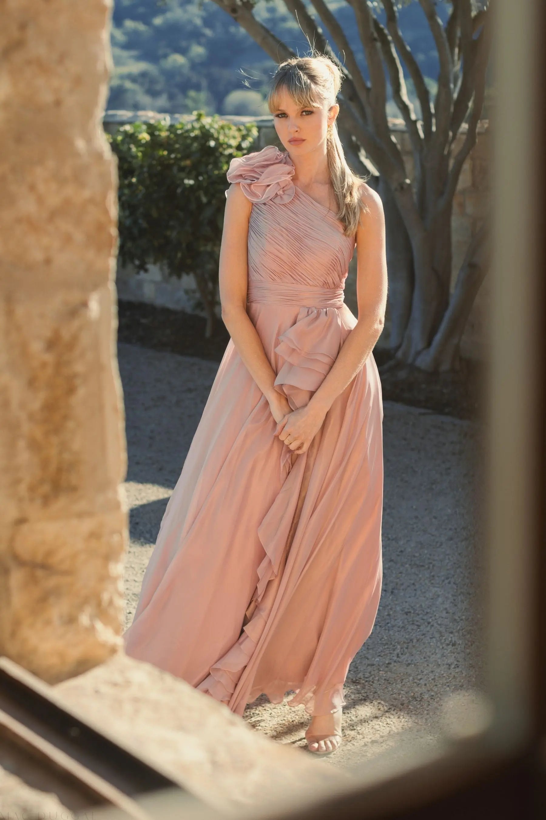 Pink Iridescent One Shoulder Rosette Ball Gown