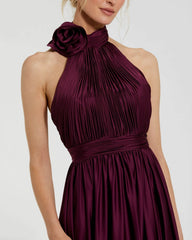 Purple Soft Tie Halter Neck High Slit Gown