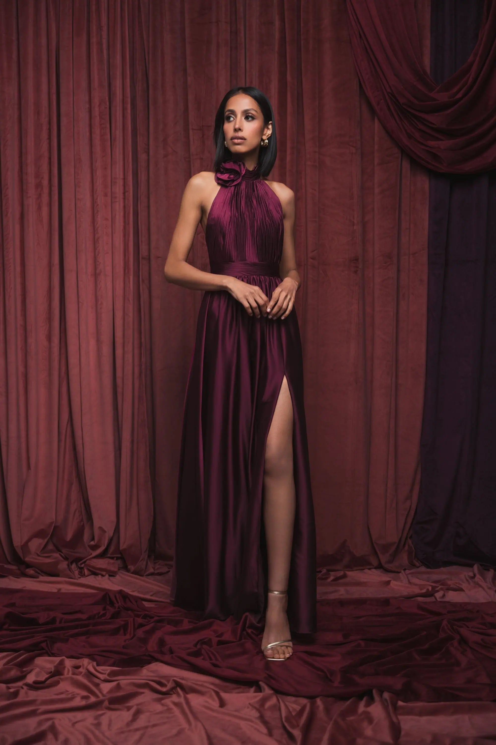 Purple Soft Tie Halter Neck High Slit Gown