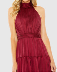 Red Tie Halter Neck Tiered Gown