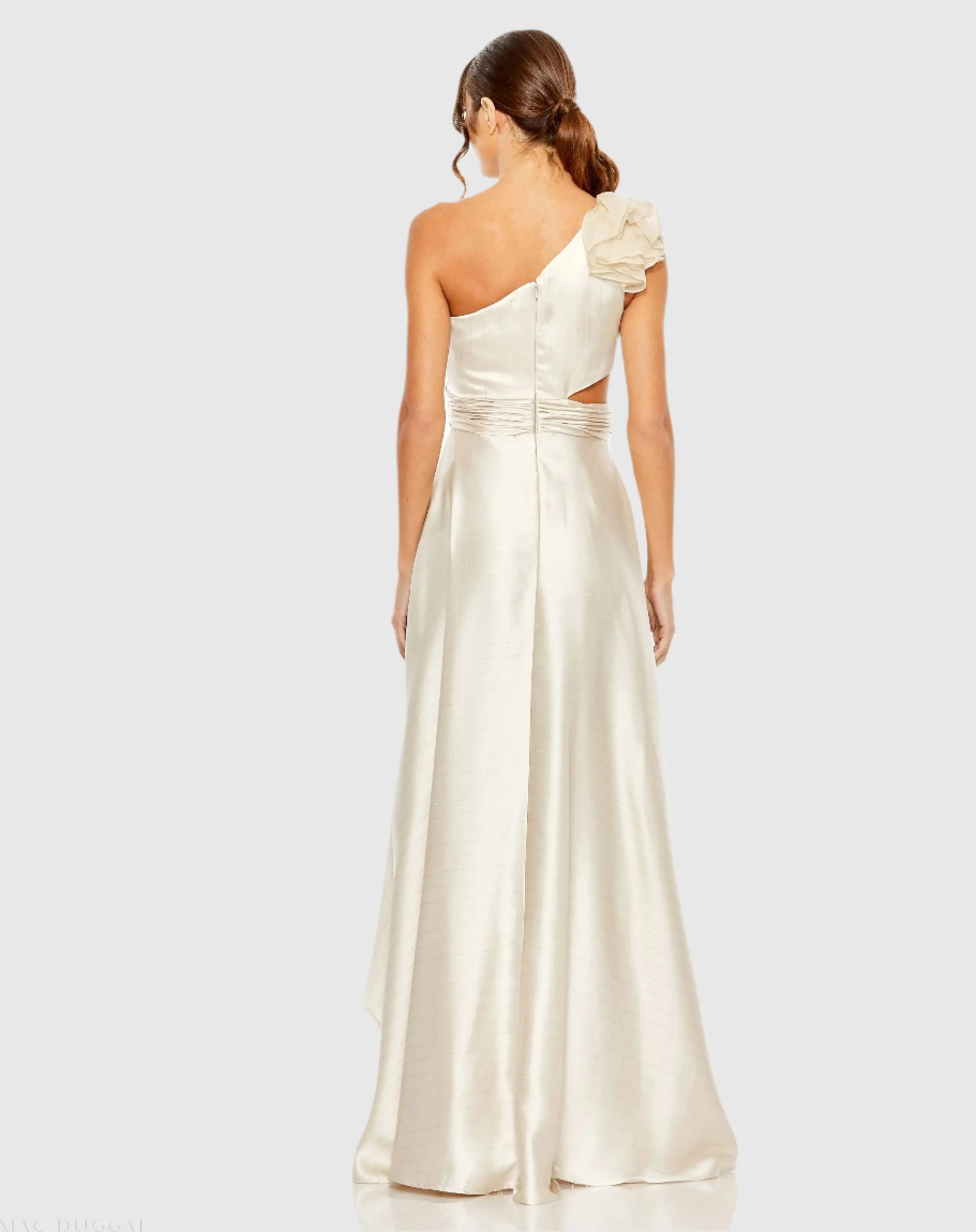 Beige Ruffled One Shoulder Cut Out Hi-Low Gown