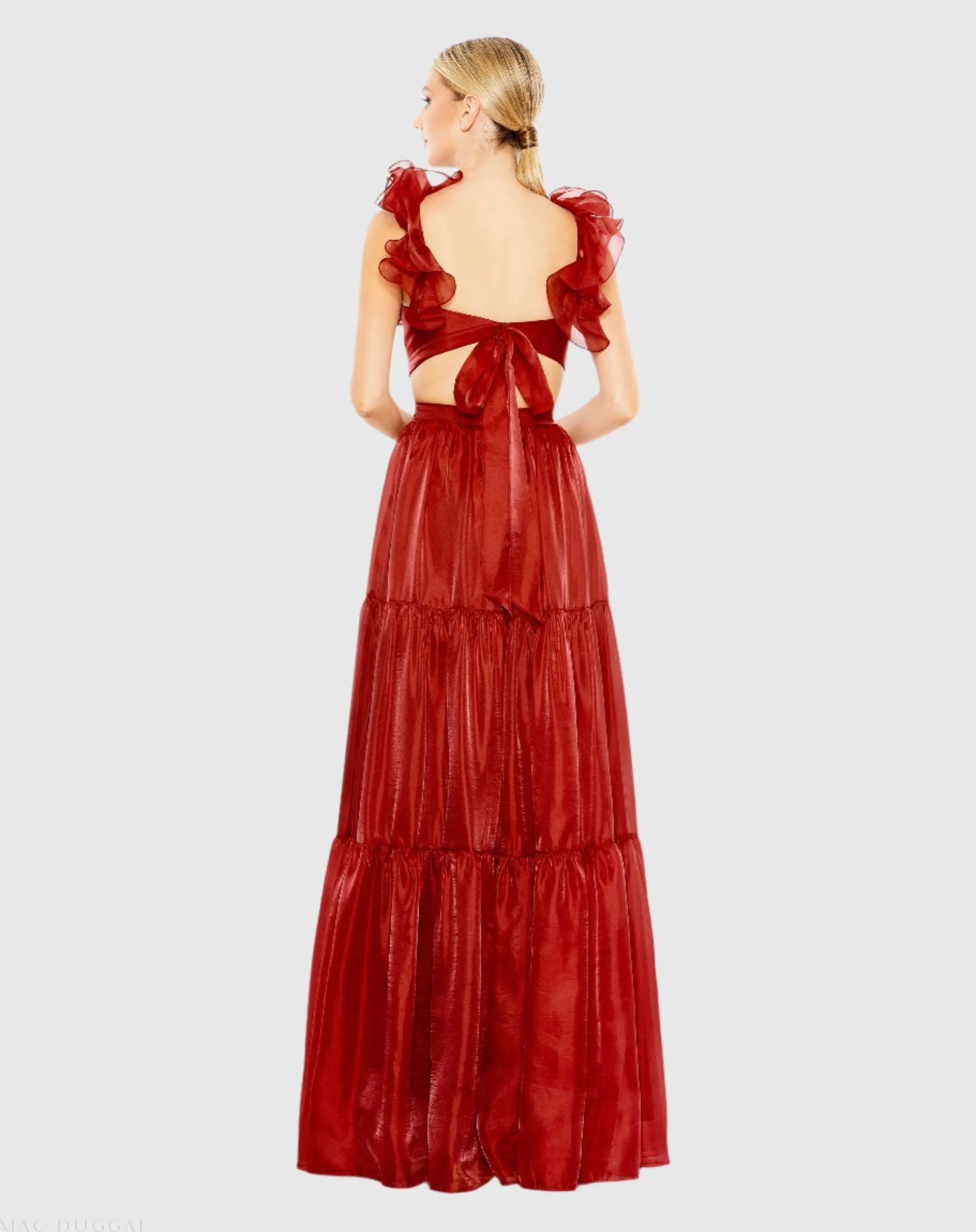 Red Ruffled Shoulder Cut Out Soft Tie Back Tiered Gown
