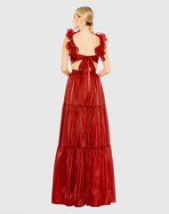Red Ruffled Shoulder Cut Out Soft Tie Back Tiered Gown