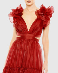 Red Ruffled Shoulder Cut Out Soft Tie Back Tiered Gown