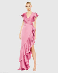 Pink Flutter Sleeve Cut Out Asymmetrical Ruffled Gown