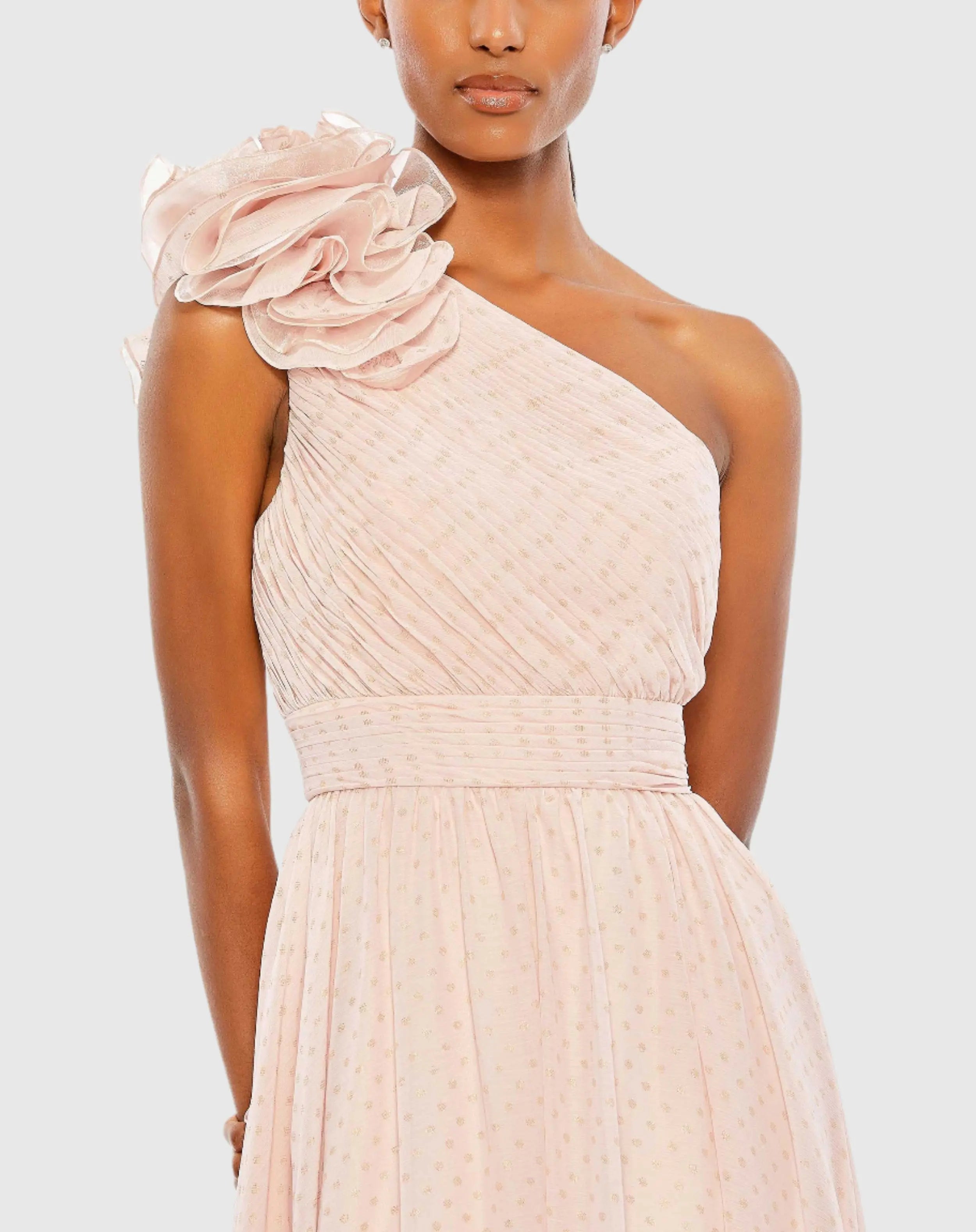 Pink Polka Dot Ruffled One Shoulder Gown